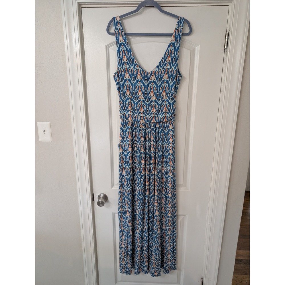 Vanessa Virginia Anthropologie Blue Ikat Maxi Dress Sleeveless large jersey Boho - Picture 7 of 7